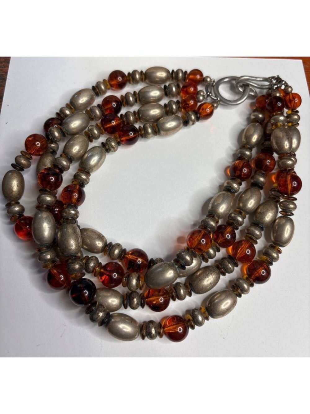 Vintage Ben Amon Chunky 4-Strand Chain Necklace Amber-Glass & Bronze Beads RARE